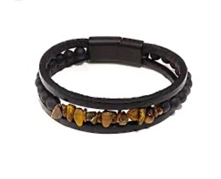 Kaplan Gözü,Oniks ve Hakiki Deri ile Türk El Yapımı Erkek Bileklik 21 cm