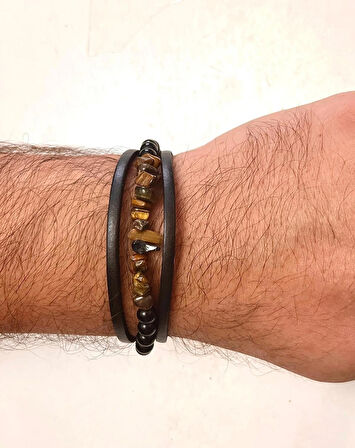 Kaplan Gözü,Oniks ve Hakiki Deri ile Türk El Yapımı Erkek Bileklik 21 cm