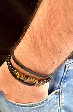 Kaplan Gözü,Oniks ve Hakiki Deri ile Türk El Yapımı Erkek Bileklik 21 cm