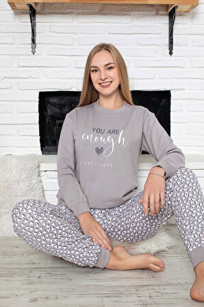 Kadın Bisiklet Yaka Bilek Manşet/Lastikli 2 İplik Cepli Kışlık Jogger Eşofman Pijama Takımı Homewear