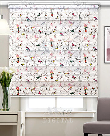 Renkli Kelebek Ve Kuş Baskılı Zebra Perde - Dijital Baskılı Zebra Stor Perde