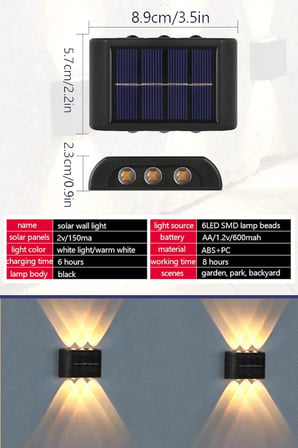 2'li Set Solar Duvar Lambası - 6 Ledli Aplik - Gün Işığı Rengi - IP65 Su Geçirmez
