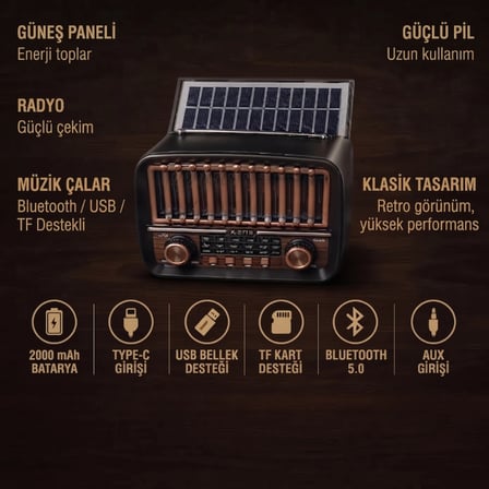 Solar Panelli FM Radyo - Şarjlı - Bluetooth Özellikli - AUX Girişli - Nostaljik Tasarım
