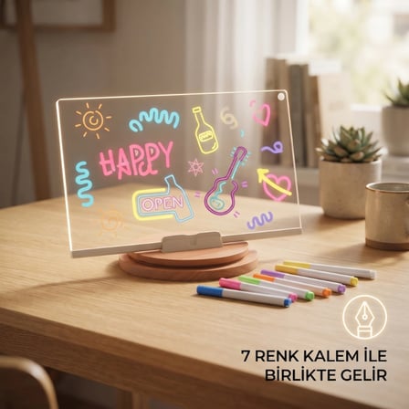 DIY LED Yazı Panosu - Gece Lambası - 7 Renk Kalem Hediyeli - 6 Çizim Şablonu