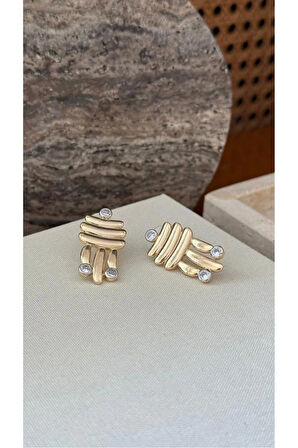 Gold Renkli Zirkon Taş Detaylı Kadın Küpe