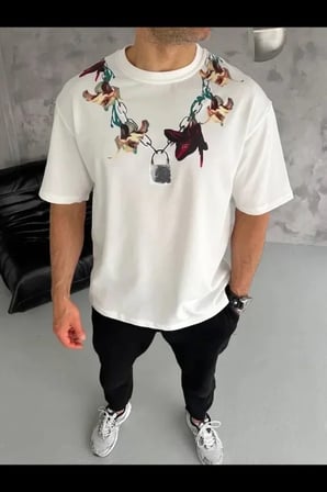 USLUCAN ALIŞVERİŞ Erkek Baskılı T-Shirt Kısa Kol Bisiklet Yaka Regular Fit Rahat Kalıp Günlük Tişört - Beyaz
