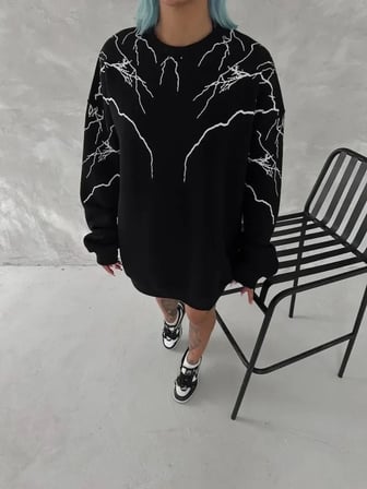 USLUCAN ALIŞVERİŞ Yıldırım Baskılı Bisiklet Yaka SweatShirt - Siyah