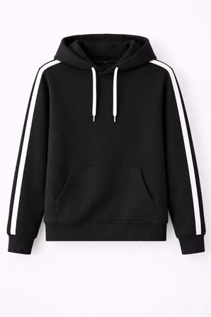 USLUCAN ALIŞVERİŞ Erkek Şeritli Kapüşonlu Sweatshirt Oversize 3 Iplik Pamuklu - Siyah