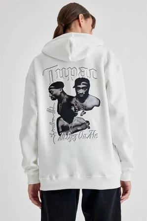 USLUCAN ALIŞVERİŞ Kapüşonlu Sırt Baskılı Üç İplik Oversize Sweatshirt - Beyaz