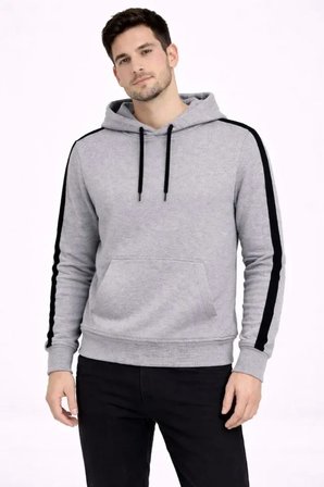 USLUCAN ALIŞVERİŞ Erkek Şeritli Kapüşonlu Sweatshirt Oversize 3 Iplik Pamuklu - Gri