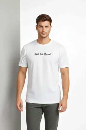 USLUCAN ALIŞVERİŞ Erkek Wafıl Kumaş Tişört Regular Kalıp Bisiklet Yaka Baskılı Günlük Basic T-Shirt - Beyaz