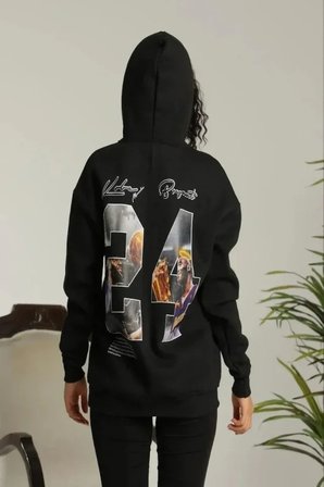 USLUCAN ALIŞVERİŞ Baskılı Oversize Üç İplik Kapüşonlu Sweatshirt - Siyah