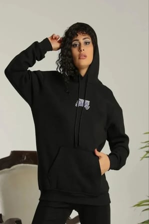 USLUCAN ALIŞVERİŞ Baskılı Oversize Üç İplik Kapüşonlu Sweatshirt - Siyah