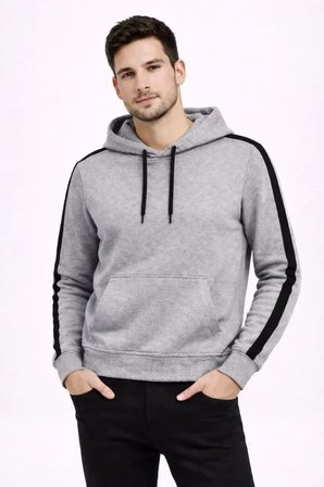 USLUCAN ALIŞVERİŞ Erkek Şeritli Kapüşonlu Sweatshirt Oversize 3 Iplik Pamuklu - Gri