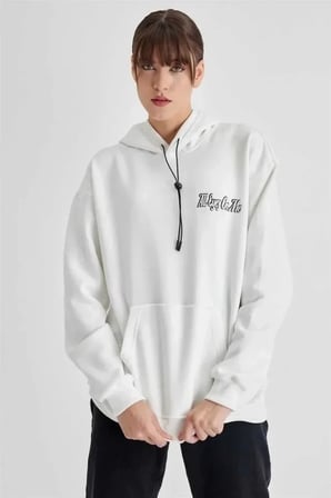 USLUCAN ALIŞVERİŞ Kapüşonlu Sırt Baskılı Üç İplik Oversize Sweatshirt - Beyaz
