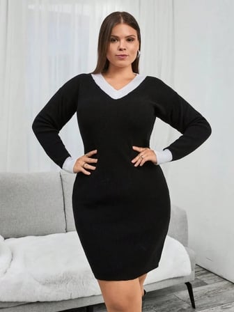 USLUCAN ALIŞVERİŞ Kadın Uzun Kollu V Yakalı Kısa Triko Elbise