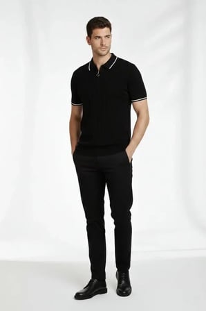 USLUCAN ALIŞVERİŞ Erkek Fermuarlı Yaka Fitilli Triko Kısa Kollu Regular Fit Tişört T-shirt - Siyah