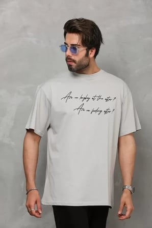 USLUCAN ALIŞVERİŞ Unisex Bisiklet Yaka Baskılı Oversize T-Shirt - Gri