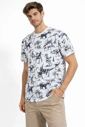 USLUCAN ALIŞVERİŞ Erkek Beyaz Dinozor Desenli Tişört – Regular Fit, Bisiklet Yaka, Dijital Baskılı Pamuklu T-Shirt - Beyaz
