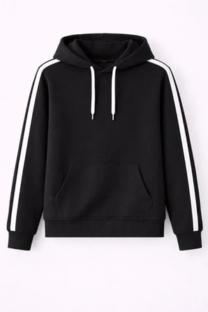 USLUCAN ALIŞVERİŞ Erkek Şeritli Kapüşonlu Sweatshirt Oversize 3 Iplik Pamuklu - Siyah