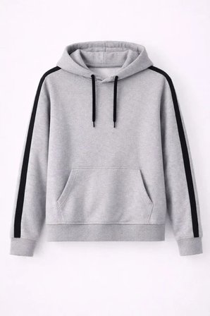 USLUCAN ALIŞVERİŞ Erkek Şeritli Kapüşonlu Sweatshirt Oversize 3 Iplik Pamuklu - Gri