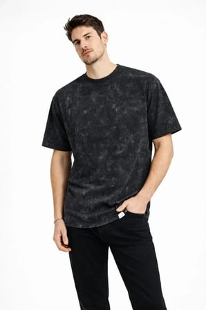 USLUCAN ALIŞVERİŞ Erkek Asit Yıkama Bisiklet Yaka Kısa Kollu Oversize T-Shirt Tişört - Siyah