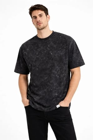 USLUCAN ALIŞVERİŞ Erkek Asit Yıkama Bisiklet Yaka Kısa Kollu Oversize T-Shirt Tişört - Siyah
