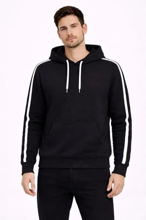 USLUCAN ALIŞVERİŞ Erkek Şeritli Kapüşonlu Sweatshirt Oversize 3 Iplik Pamuklu - Siyah