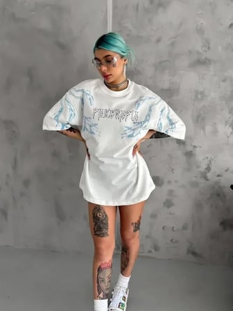 USLUCAN ALIŞVERİŞ Unisex Bisiklet Yaka Baskılı Oversize T-Shirt - Beyaz