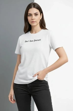 USLUCAN ALIŞVERİŞ Wafıl Kumaş Tişört Regular Kalıp Bisiklet Yaka Baskılı Günlük Basic T-Shirt - Beyaz