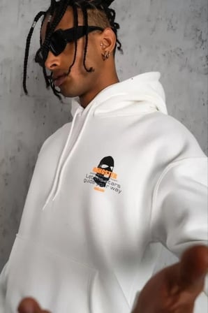 USLUCAN ALIŞVERİŞ Erkek Kordonlu Maske Baskılı Kapüşonlu Sweat - Beyaz