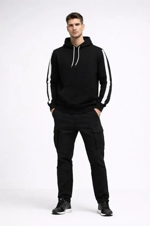 USLUCAN ALIŞVERİŞ Erkek Şeritli Kapüşonlu Sweatshirt Oversize 3 Iplik Pamuklu - Siyah