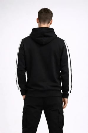 USLUCAN ALIŞVERİŞ Erkek Şeritli Kapüşonlu Sweatshirt Oversize 3 Iplik Pamuklu - Siyah