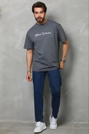 USLUCAN ALIŞVERİŞ Erkek Baskılı T-Shirt Kısa Kol Bisiklet Yaka Regular Fit Rahat Kalıp Günlük Tişört - Füme