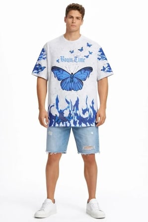 USLUCAN ALIŞVERİŞ Erkek Asit Yıkamalı Oversize Tişört Mavi Kelebek Baskılı Dijital Print Bisiklet Yaka Streetwear T-Shirt - Beyaz