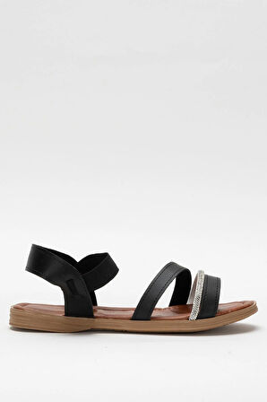 Kadın Taş Bantlı Sandalet Ayakkabı SİYAH