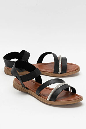 Kadın Taş Bantlı Sandalet Ayakkabı SİYAH