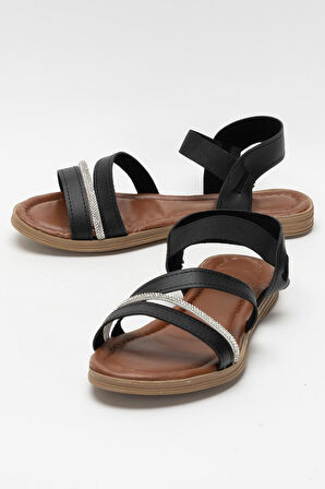 Kadın Taş Bantlı Sandalet Ayakkabı SİYAH