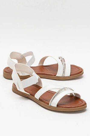 Kadın Taş Bantlı Sandalet Ayakkabı BEYAZ