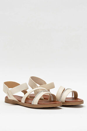 Kadın Taş Bantlı Sandalet Ayakkabı KREM