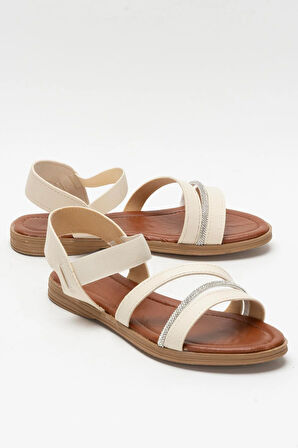 Kadın Taş Bantlı Sandalet Ayakkabı KREM