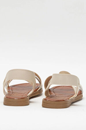 Kadın Taş Bantlı Sandalet Ayakkabı KREM