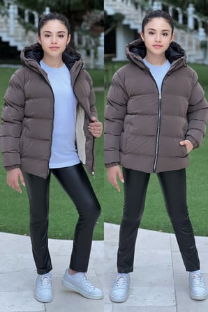 Kız Çocuk Kapüşonlu Cepli Su Geçirmez Nova Kumaş Kışlık Mont KM4011
