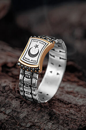 Erkek Gümüş Yüzük - Örgü Model Zirkon Taşlı Ay Yıldız İşlemeli Erkek Yüzük