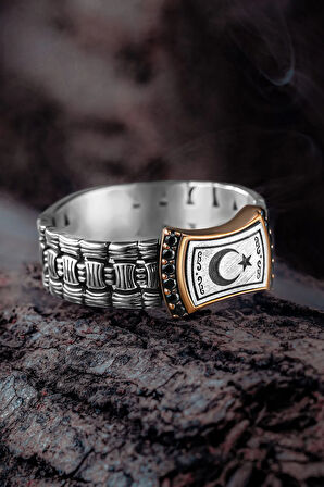 Erkek Gümüş Yüzük - Örgü Model Zirkon Taşlı Ay Yıldız İşlemeli Erkek Yüzük