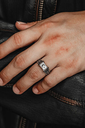 Erkek Gümüş Yüzük - Örgü Model Zirkon Taşlı Ay Yıldız İşlemeli Erkek Yüzük