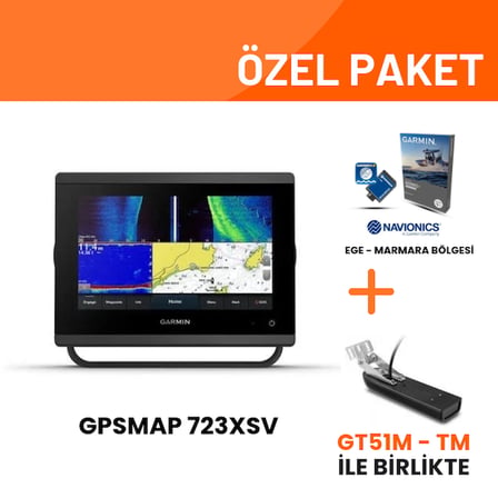 Garmin GPSMAP 723xsv Balık Bulucu Türkçe Menü GT51M-TM & Navionics+ Ege Marmara Harita Kartı Paket