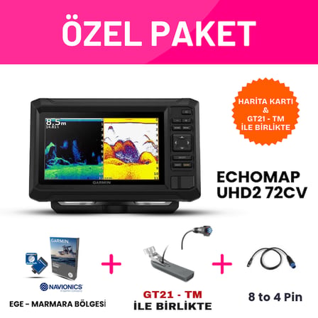 Garmin ECHOMAP UHD2 72cv Balık Bulucu GPS Türkçe Menü & GT21-TM & Navionics+ Ege Marmara Harita Kartı Paket