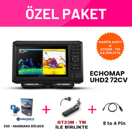 Garmin ECHOMAP UHD2 72cv Balık Bulucu GPS Türkçe Menü & GT23M-TM & Navionics+ Ege Marmara Harita Kartı Paket