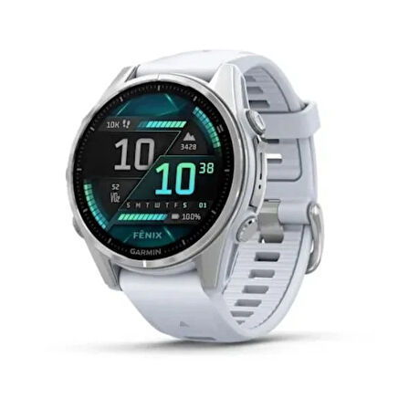 Garmin Fenix 8 - 43 mm, AMOLED - Gümüş, Beyaz Taşlı Silikon Kayışlı